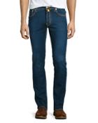 Medium Wash Yellow-stitch Straight-leg Jeans, Blue