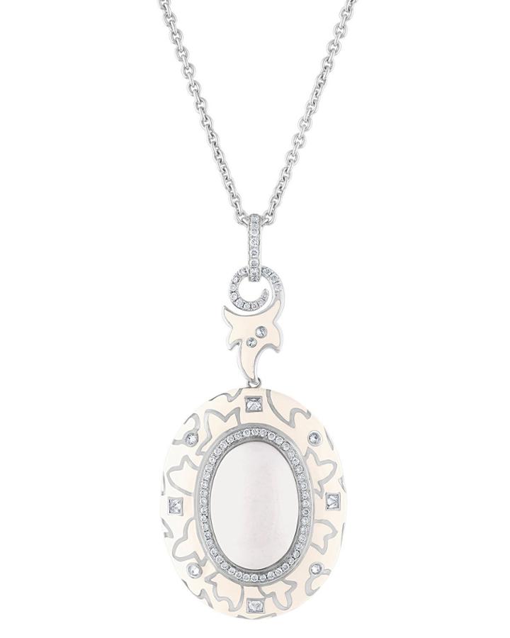 18k White Gold Enamel, Agate & Diamond Pendant Necklace