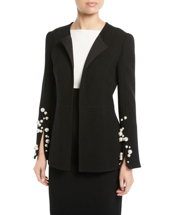 Open-front Crepe Blazer With Pearlescent Cuffs