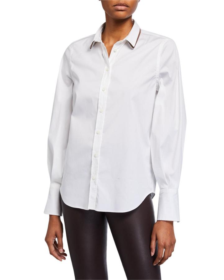 Long-sleeve Button-front Cotton Shirt W/