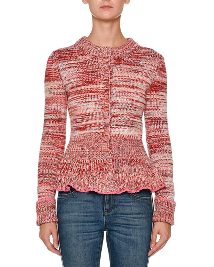Crewneck Long-sleeve Tweed Peplum Cardigan