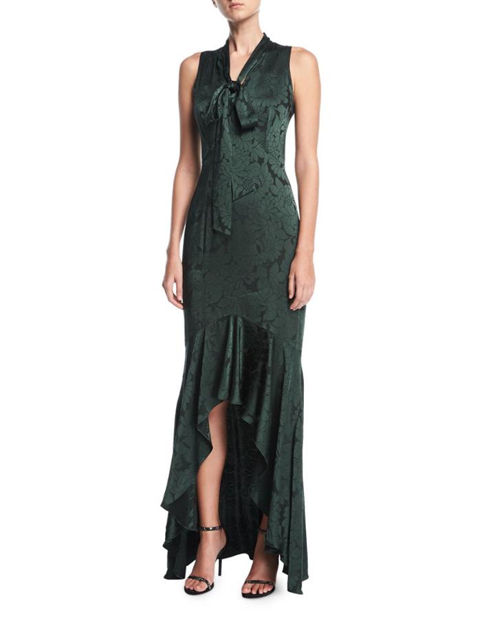 Mayburn Sleeveless Tie-neck Floral Satin High-low Gown