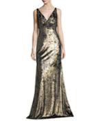 Sleeveless Wide V-neck Metallic Evening Gown W/ Embellishments