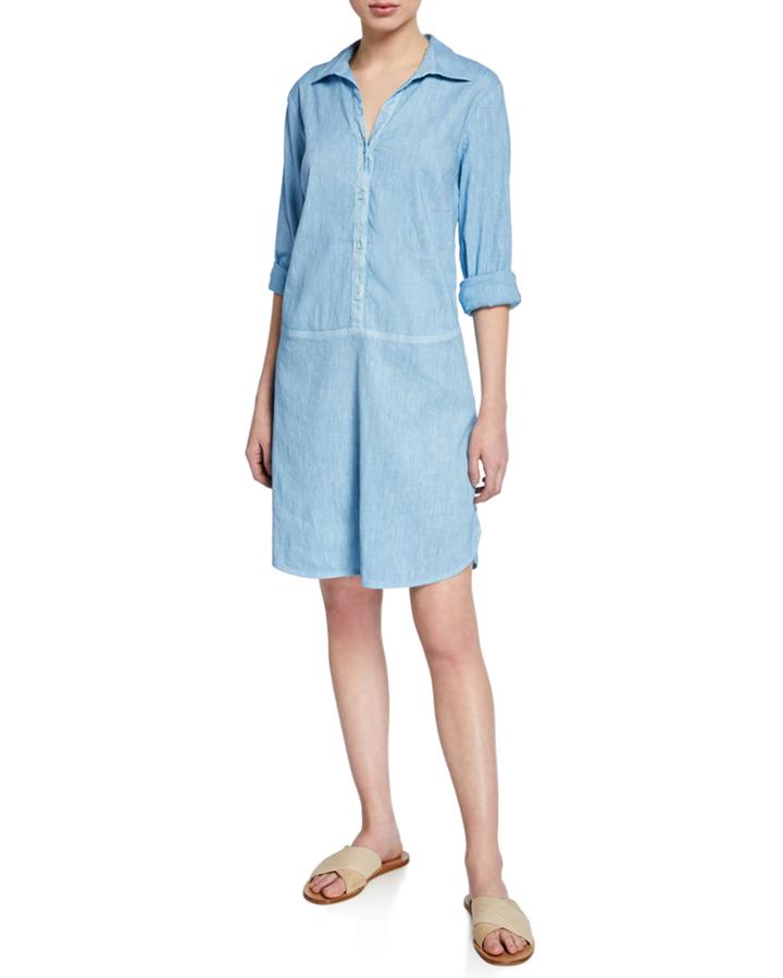 Button-front Long-sleeve Stretch Linen/cotton
