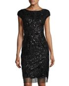 Cap-sleeve Sequined Cocktail Dress, Black