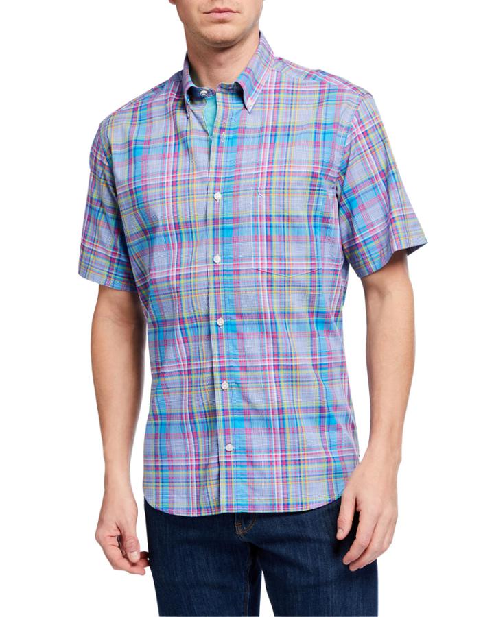 Men's Plaid Button-collar