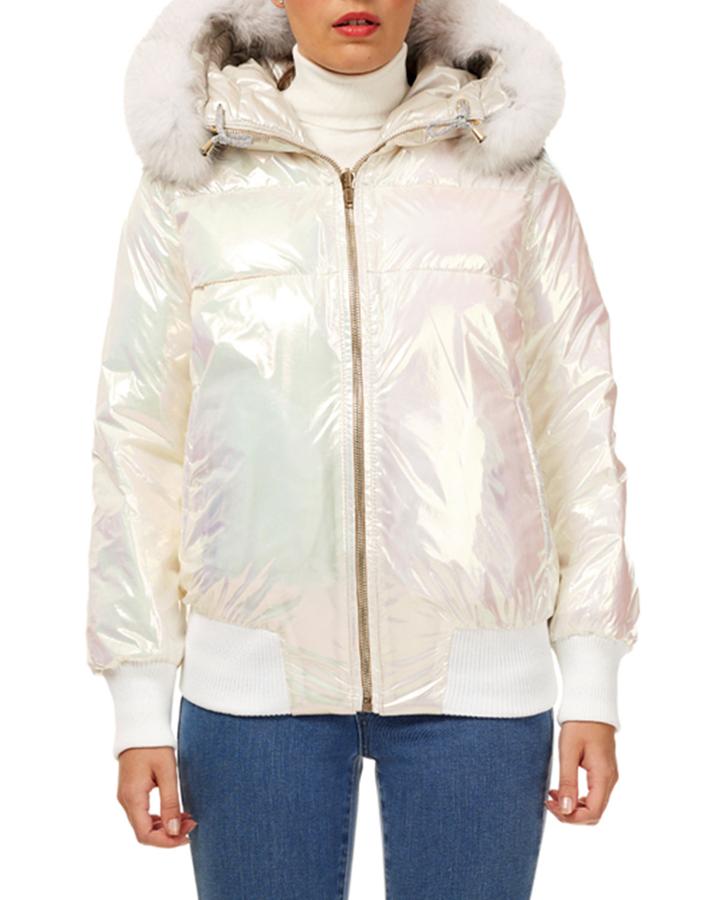 Apres-ski Reversible Quilted Puffer Bomber Jacket W/ Detachable Fox Hood Trim