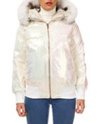 Apres-ski Reversible Quilted Puffer Bomber Jacket W/ Detachable Fox Hood Trim