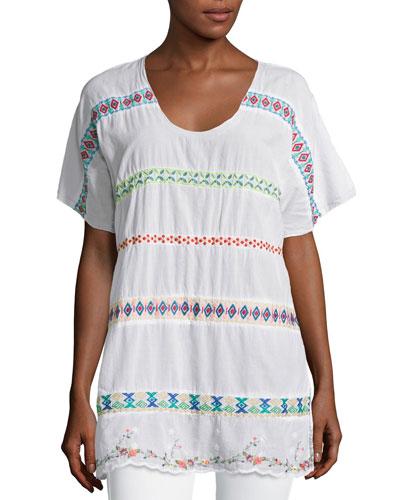 Daisy Sheer Dolman-sleeve Embroidered Top, White