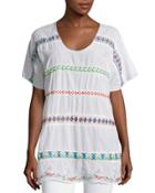 Daisy Sheer Dolman-sleeve Embroidered Top, White