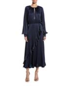Blouson-sleeve Cascading Ruffle Dress