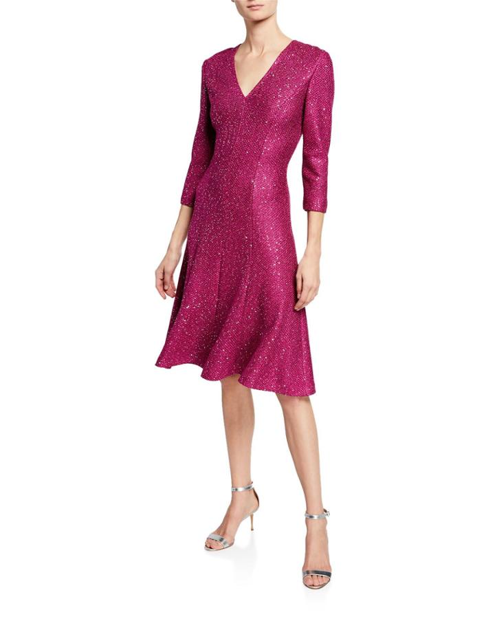 Luxe Sequin V-neck 3/4-sleeve Tuck-knit Dress