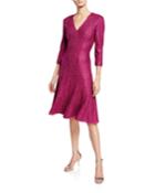 Luxe Sequin V-neck 3/4-sleeve Tuck-knit Dress
