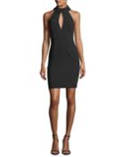 Mock-neck Sleeveless Halter Crepe Dress W/ Keyhole