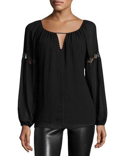 Lace-inset Long-sleeve Blouse, Black