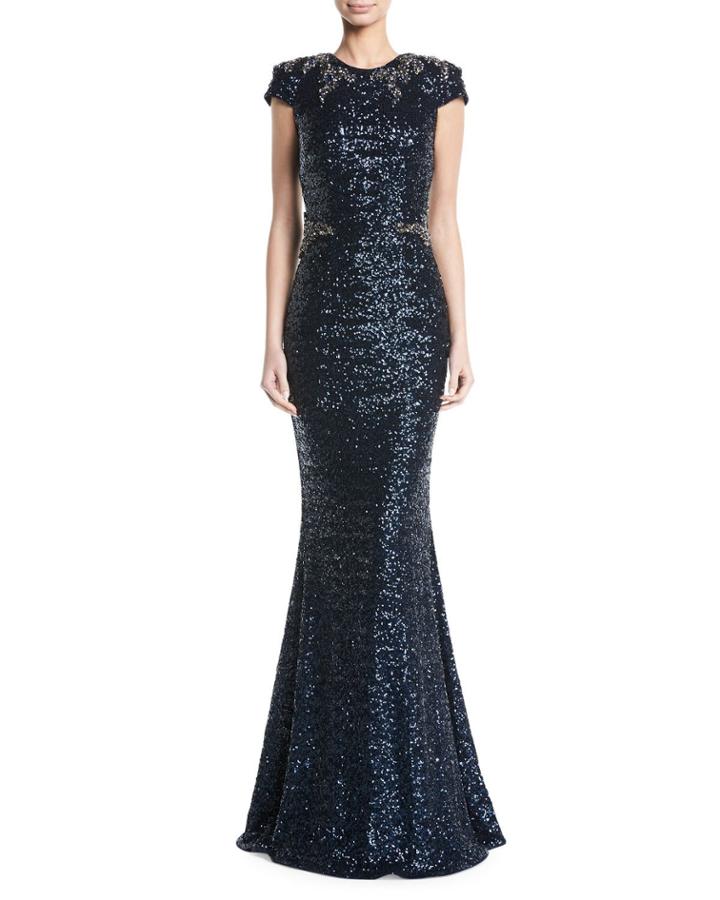 Sequined Cap-sleeve Appliqu&eacute; Waist Evening Gown