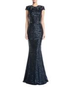 Sequined Cap-sleeve Appliqu&eacute; Waist Evening Gown