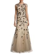Carnation-embroidered Tulle Mermaid Gown, Neutral Pattern