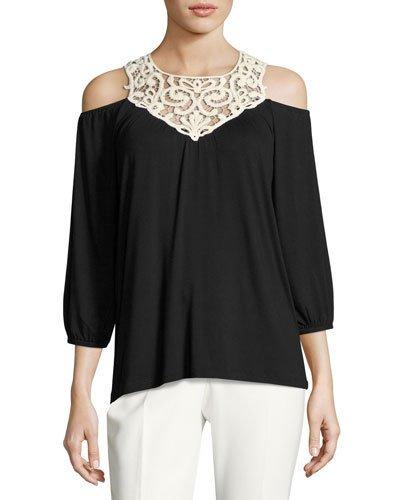 Lace-bib Cold-shoulder Top, Black/white