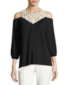 Lace-bib Cold-shoulder Top, Black/white