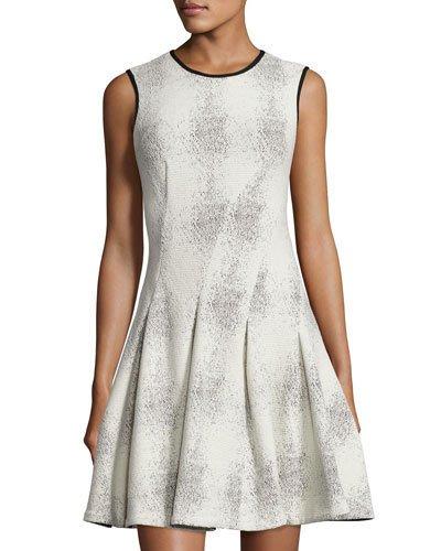 Sleeveless Magic-waist Pleated Dress, Ivory/black