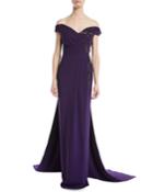 Off-the-shoulder Stretch-crepe Evening Gown W/ Crystal-beading