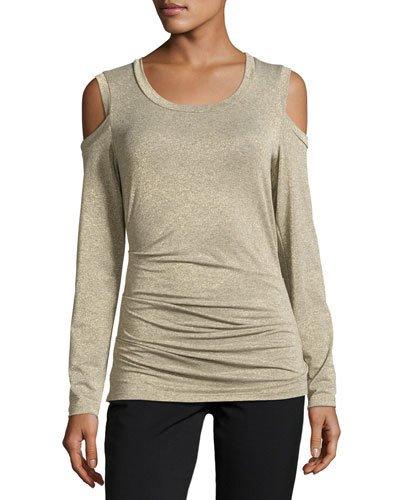 Cold-shoulder Scoop-neck Shimmer Top, Gold