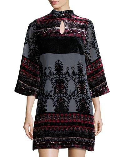 3/4-sleeve Velvet Shift Dress, Black