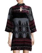 3/4-sleeve Velvet Shift Dress, Black