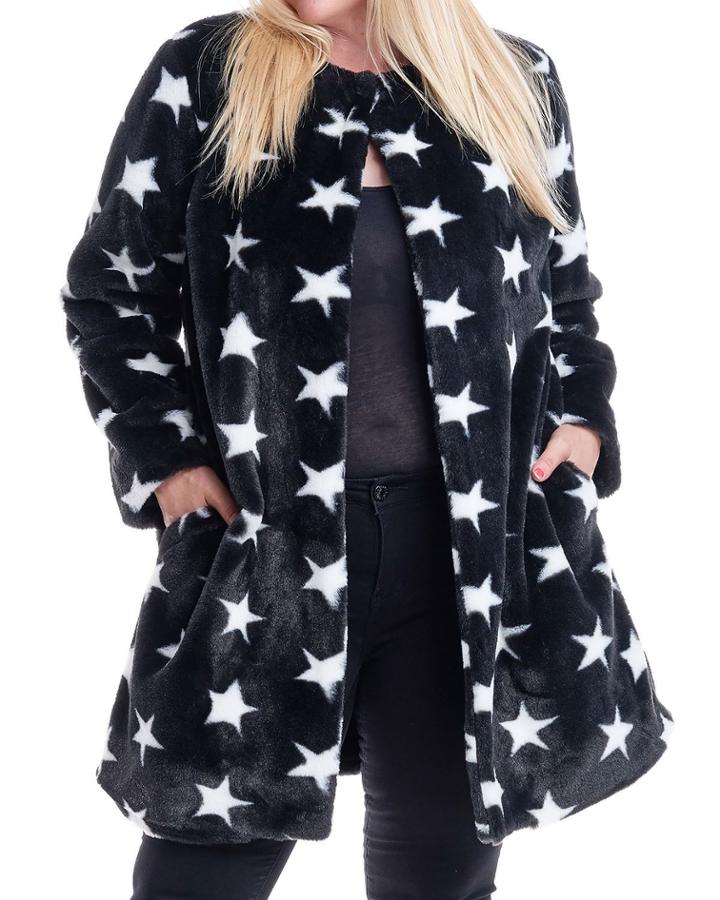Plus Size Star Print Faux-fur Coat