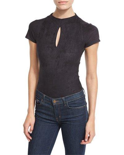Cap-sleeve Faux-suede Bodysuit, Black