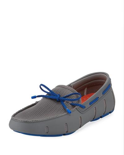 Mesh & Rubber Braided-lace Boat Shoe, Gray/blue