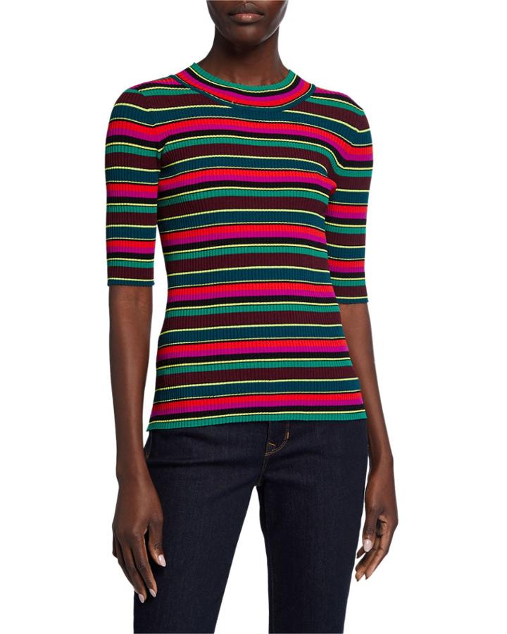 Striped Elbow-sleeve Rib-knit Pullover