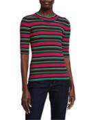 Striped Elbow-sleeve Rib-knit Pullover