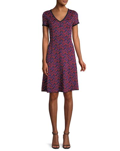 Aziza Zigzag Jacquard V-neck Dress, Red/blue