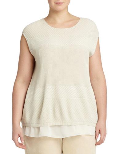 Textured Georgette-hem Cap-sleeve Sweater, Raffia,