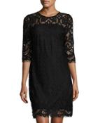 3/4- Sleeve Lace Shift Dress, Black