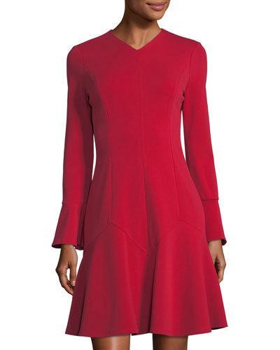 Long-sleeve Godet Flare Dress
