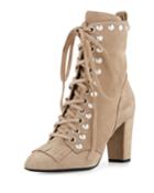 Studded Suede Kiltie Lace-up Boot, Tan