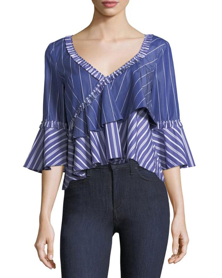 Fran Wide V-neck Mixed-striped Poplin Top