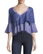 Fran Wide V-neck Mixed-striped Poplin Top