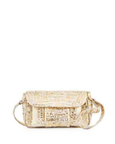 Crocodile Pleated Flap-top Shoulder Bag, Gold