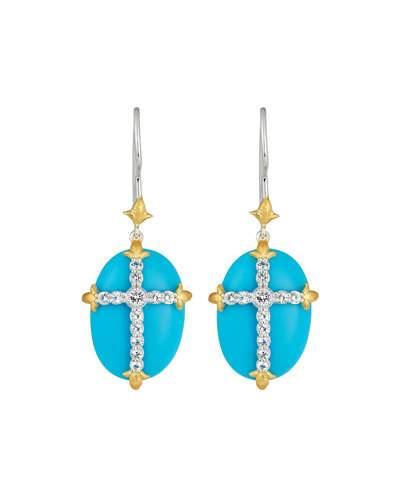 Simple Oval Turquoise Dangle & Drop Earrings W/ Topaz Cross