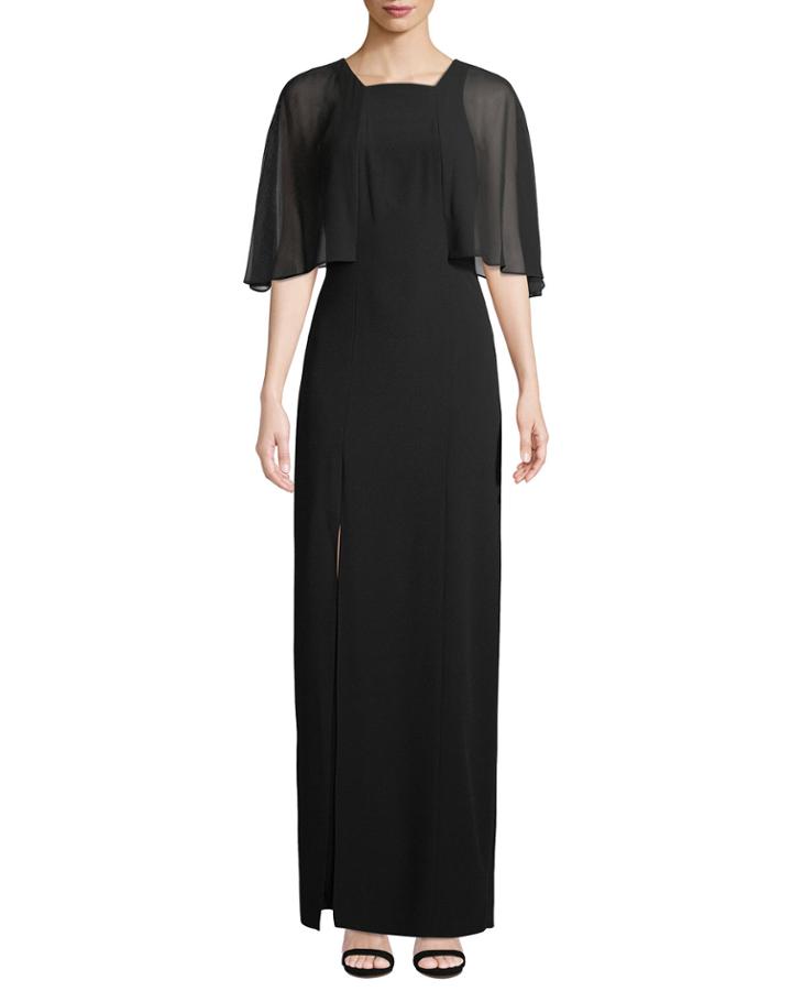 Caplet-sleeve Slit-leg Evening Gown
