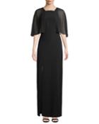 Caplet-sleeve Slit-leg Evening Gown