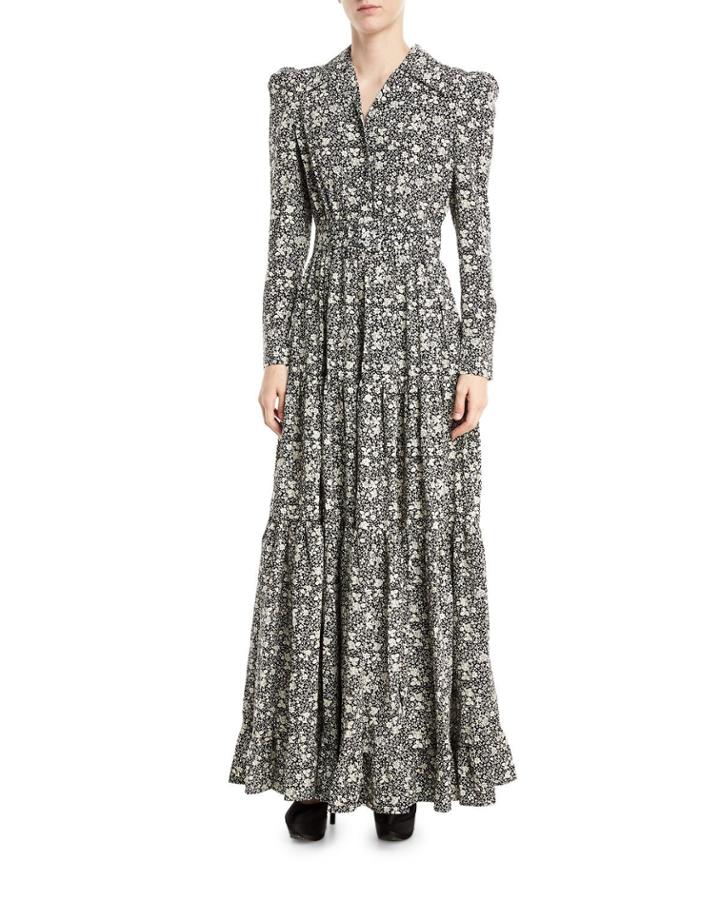 Floral Cr & #234pe De Chine Maxi Dress, Black/white