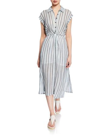 Striped Button-front Short-sleeve Twist-front Dress
