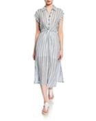 Striped Button-front Short-sleeve Twist-front Dress