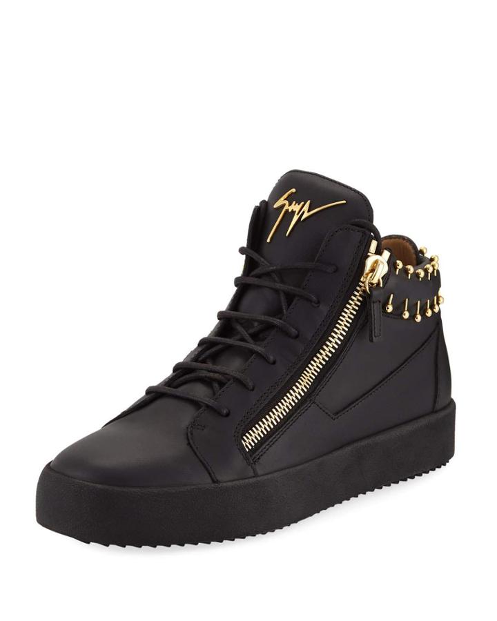 Men's Leather Mid-top Sneakers With Gold Piercing Details