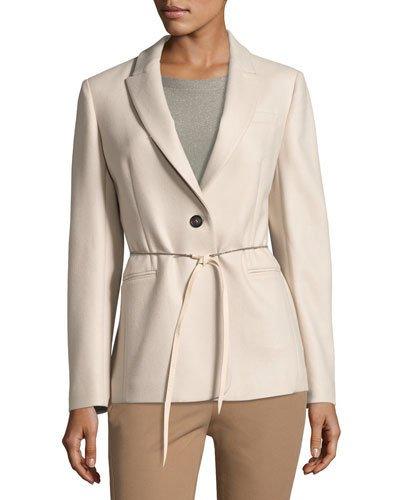 Woolen Tie-waist Jacket, Ivory